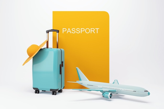 Concept de vacances et de voyage avec couverture de passeport jaune graphique valise bleue et avion sur fond clair rendu 3D