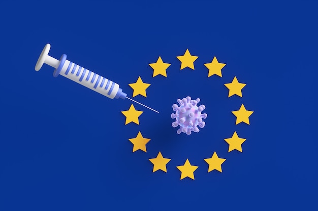 Concept de vaccination contre le coronavirus Covid-19 dans le contexte du drapeau bleu de l'Union européenne. illustration de rendu 3D. Coronavirus et seringue sur le fond du drapeau de l'UE.