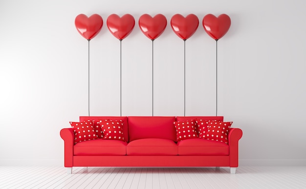 Concept Valentine salon blanc avec canapé rouge rendu 3d, il y a un sol en bois blanc, un mur plat vide blanc, décoré d'un ballon coeur rouge.