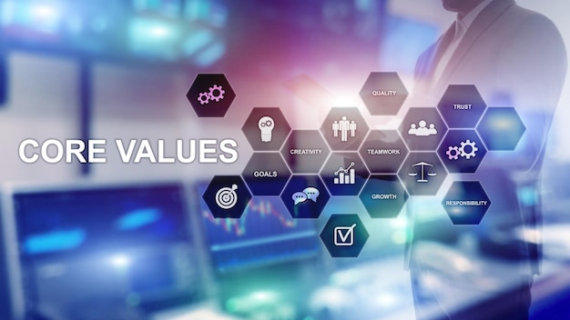 Concept de valeurs fondamentales sur écran virtuel Solutions commerciales et financières