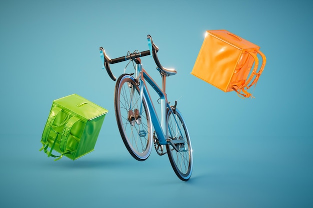 Le concept de vélo de livraison de nourriture et de sacs de messagerie pour la nourriture sur un rendu 3D de fond turquoise