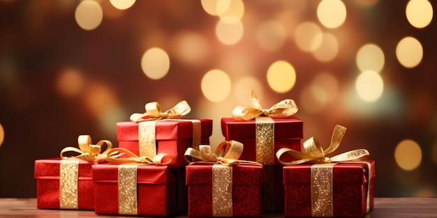 Concept de vente du Nouvel An avec des boîtes-cadeaux sur fond de Bokeh rouge avec espace de copie