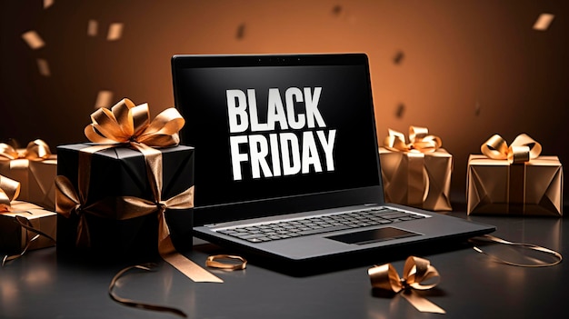 Photo concept de vente du vendredi noir laptop avec cadeaux et produits