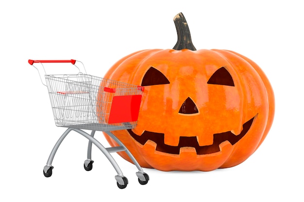 Concept de vente d'Halloween Panier d'achat avec rendu 3D de citrouille