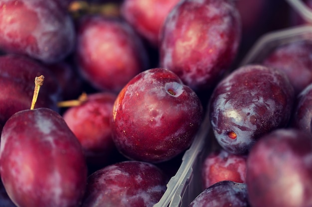 concept de vente, de récolte, de nourriture, de fruits et d'agriculture - gros plan de prunes de satsuma dans une boîte au marché de rue