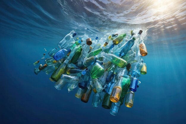 Concept de vie respectueux de l'environnement prise sous l'eau image d'une pile de plastique sale et de bouteilles de verre