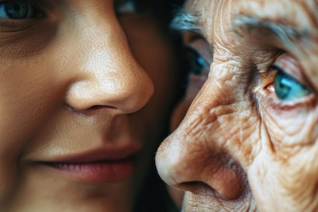 concept de vieillissement et de soins de la peau visage d'une jeune femme et d'une vieille femme avec des rides