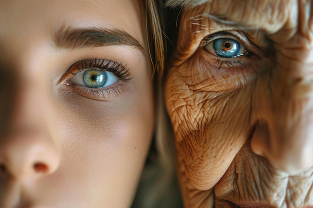 concept de vieillissement et de soins de la peau visage d'une jeune femme et d'une vieille femme avec des rides