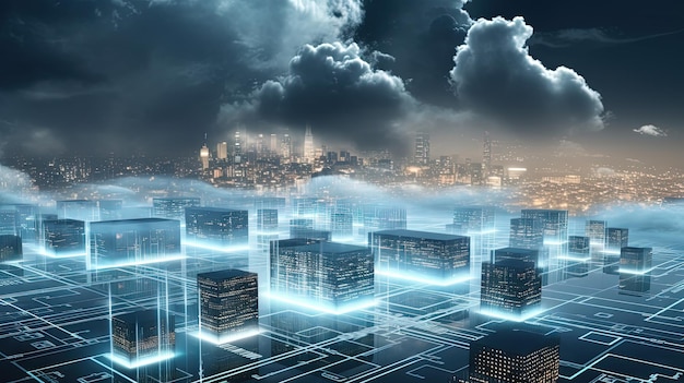 Concept d'une ville numérique avec des connexions cloud Réseau futuriste dans les nuages IA générée