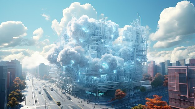 Concept d'une ville numérique avec connexions cloud Réseau futuriste dans les nuages IA générée