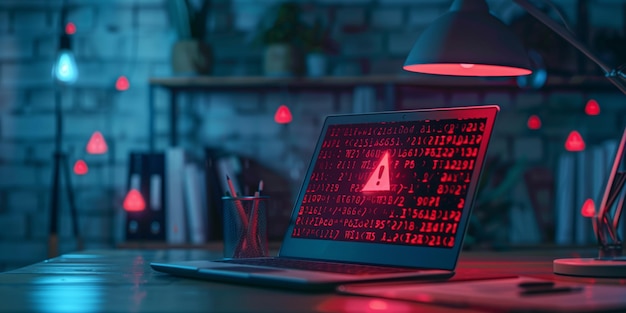 Photo concept de violation de la cybersécurité avec un code rouge sur un ordinateur portable
