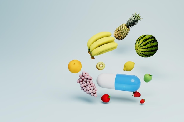Concept de vitamine thérapie une capsule médicale autour de laquelle différents fruits sur fond blanc