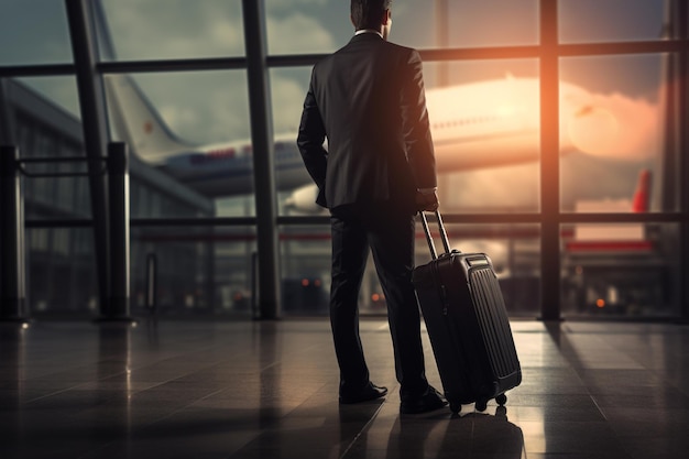 Concept de voyage d'affaires de voyage Vue arrière d'un homme méconnaissable dans un costume d'homme d'affaires avec une valise à l'aéroport