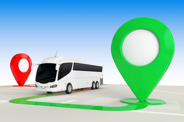 Concept De Voyage En Bus. Big White Coach Tour Bus D'en Haut De La Carte De Navigation Abstraite Avec Des Pointeurs De Carte Cible En Gros Plan Extrême. Rendu 3d