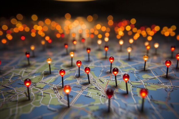 Photo concept de voyage carte de paris avec des épingles rouges et du bokeh