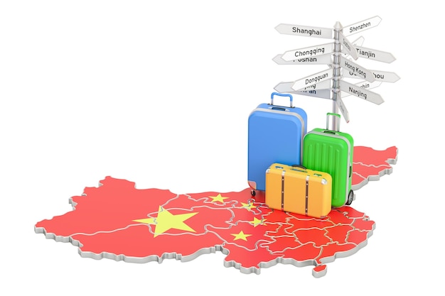 Concept de voyage en Chine Drapeau chinois sur la carte avec valises et panneau rendu 3D
