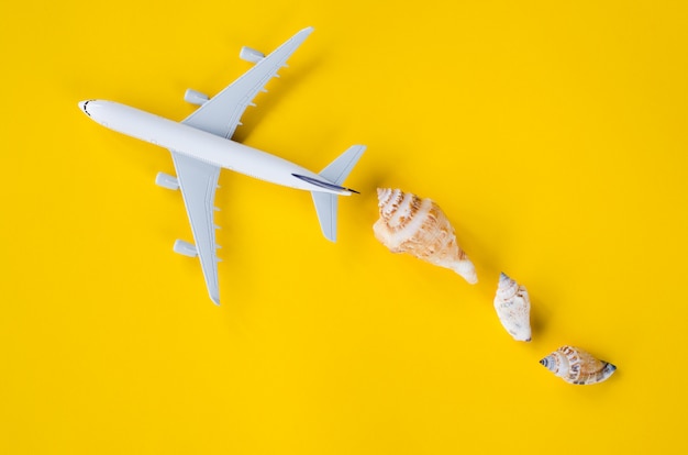 Concept de voyage d'été. Avion décoratif et coquillages sur fond jaune.