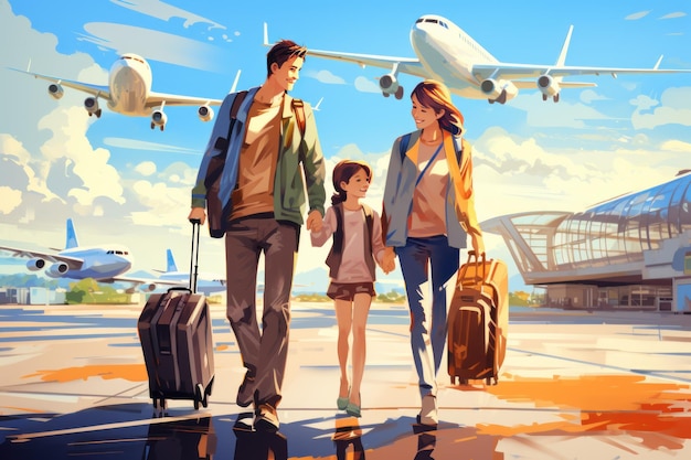 Concept de voyage en famille Voyage en famille à l'aéroportTime pour le vecteur 2d Generative AI