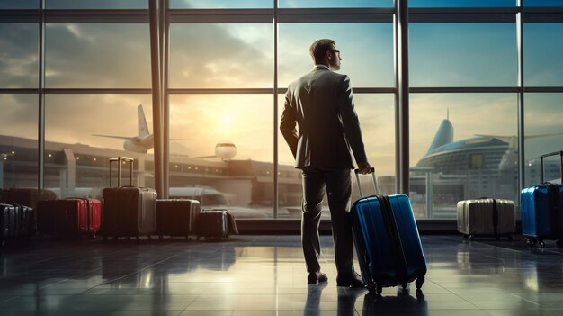 Concept de voyage avec un homme d'affaires et une valise à l'intérieur de l'aéroport avec un avion volant