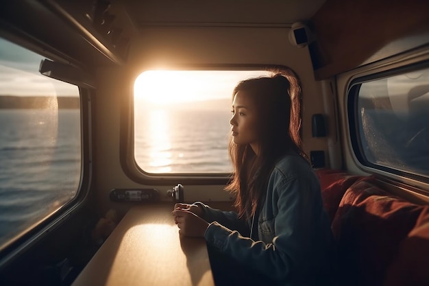 Concept de voyage Une jeune femme asiatique regardant la mer depuis la fenêtre d'un camping-car Vue du coucher de soleil d'été