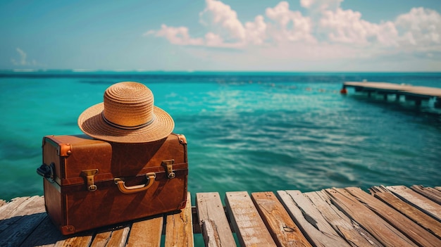 Le concept de voyage et de loisirs représenté par une valise et un chapeau de paille sur une jetée en bois