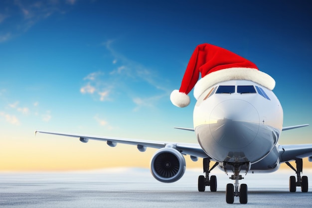 Concept de voyage de Noël un avion portant un chapeau rouge du Père Noël