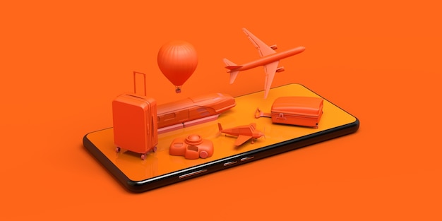 Concept de voyage avec smartphone Bannière Avion train valise appareil photo ballon illustration 3D