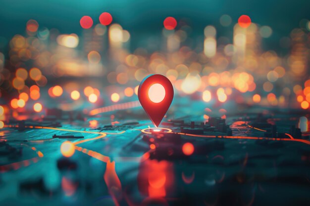 Concept de voyage et de technologie Icône GPS 3D sur l'horizon de la ville de Bokeh Arrière-plan abstrait