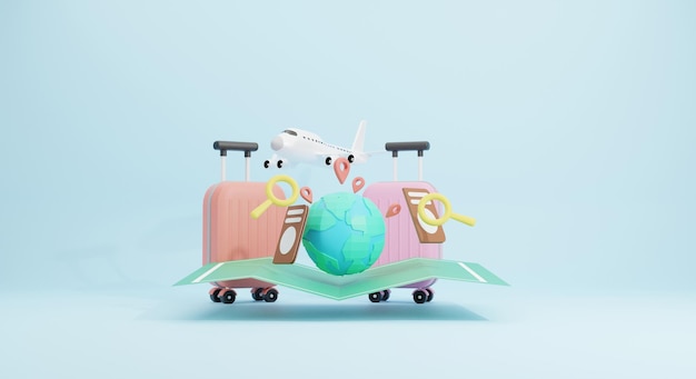 Le concept de voyage en temps dans le style de dessin animé 3D avec une valise et un avion 3D