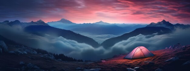 Concept de voyage Une tente au sommet d'une montagne lors d'un magnifique lever de soleil matinal, brouillard sur les montagnes, IA générative