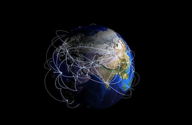 Concept de voyage et de transport Terre avec des routes de transport aérien rendu 3d sur fond noir