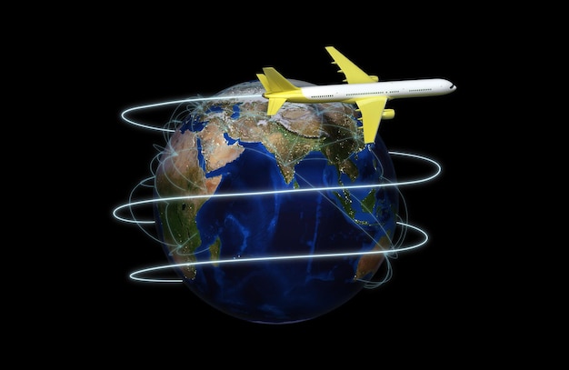 Concept de voyage et de transport Terre avec des routes de transport aérien rendu 3d sur fond noir