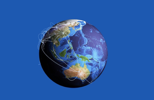 Concept de voyage et de transport Terre avec voies de transport aérien rendu 3d sur bleu