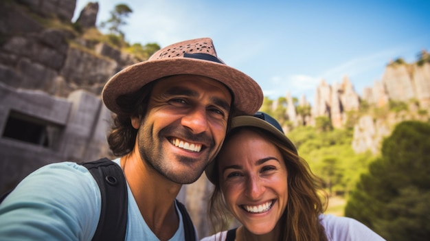 Concept de voyage en Turquie couple de touristes heureux homme et femme en chapeau arrière-plan vieux tombeau