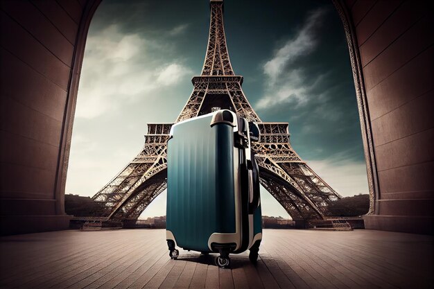 Photo concept de voyage avec valise et tour eiffel en arrière-plan generative ai