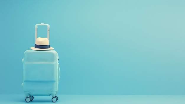 Photo concept de voyage avec une valise transparente et un chapeau sur fond bleu photo de bagage de style minimaliste symbolisant les vacances et les voyages thème de voyage simple et moderne ai
