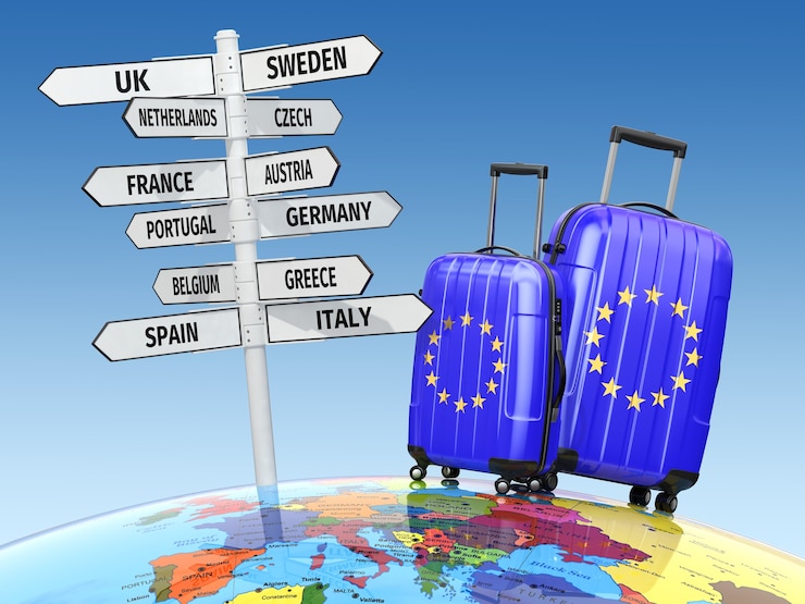 Photo concept de voyage valises et panneau que visiter en europe 3d