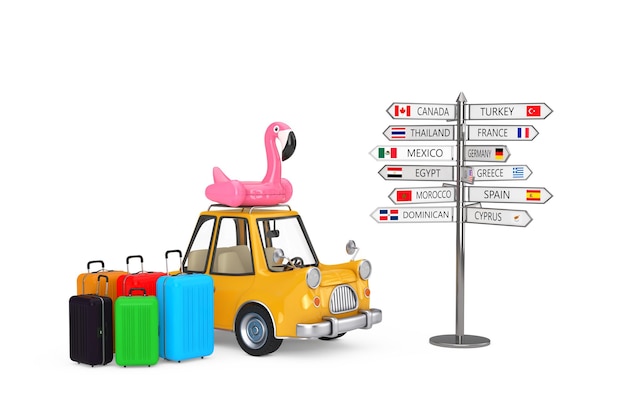 Concept de voyage en voiture. Valises, voiture de dessin animé avec Flamingo en caoutchouc et panneau de direction avec divers noms de pays et drapeaux sur fond blanc. Rendu 3D