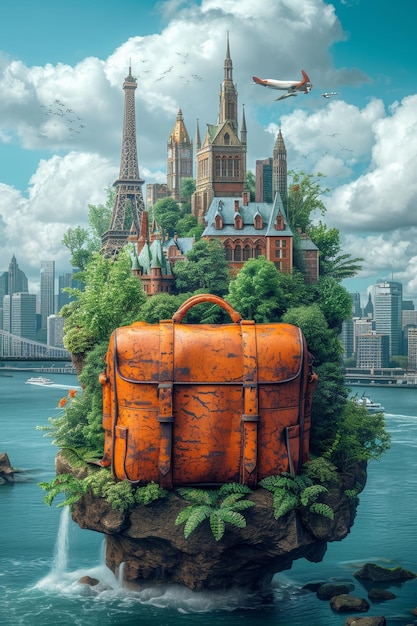 Le concept de voyager autour du monde avec des bagages Une valise avec des choses illustration 3D