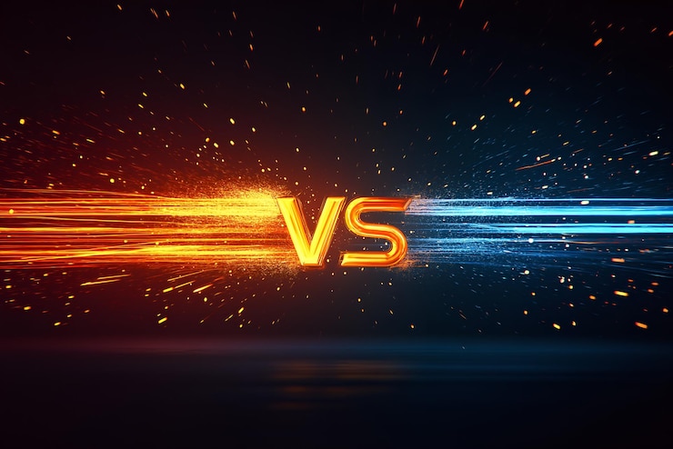 Photo un concept vs avec des rayures lumineuses orange et bleues symbolisant la compétition ou la comparaison