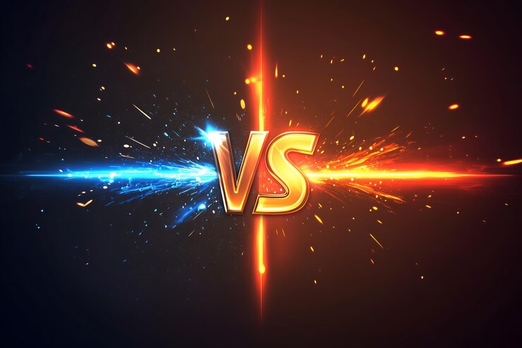 Photo un concept vs avec des rayures lumineuses orange et bleues symbolisant la compétition ou la comparaison