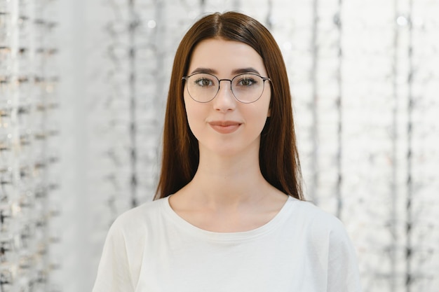 Concept de la vue et de la vision jeune femme choisissant des lunettes au magasin d'optique