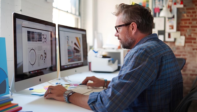 Photo concepteur graphique masculin travaillant avec l'ordinateur à son bureau au bureau