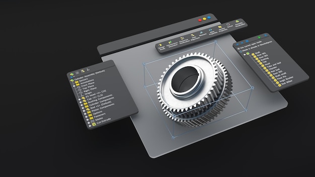 Le concepteur d'ingénierie conçoit le modèle de logiciel de CAO 3D. écran d'ordinateur de production numérique rendu 3d.