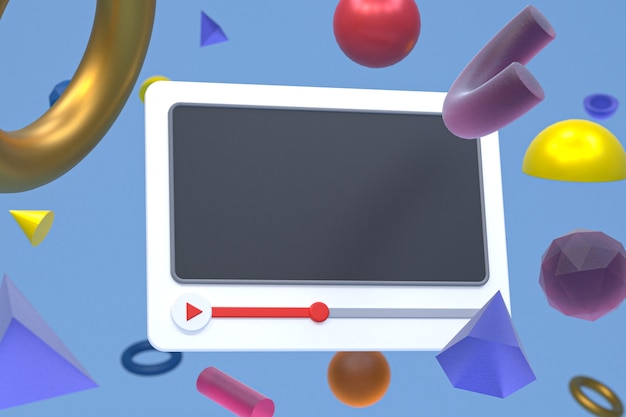 Conception 3d de lecteur vidéo Youtube ou interface de lecteur multimédia vidéo sur fond de géométrie abstraite