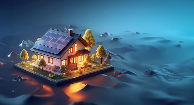 Conception en 3D d'une petite maison confortable avec des panneaux solaires sur le toit