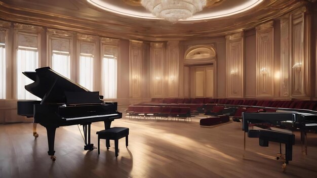 Conception abstraite de l'intérieur de la salle de concert et du piano à queue dans un style moderne 3d