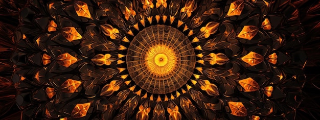 Conception abstraite de kaléidoscope avec une géométrie complexe Composition énergétique de fractales rayonnantes et de fleurs orange vif AI Générative