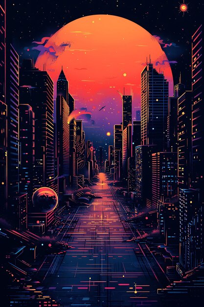 Conception d'une affiche 2D sombre avec Bitcoin et un paysage urbain dystopique avec le concept de bannière d'affiche crypto Noi