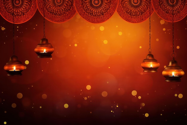 Conception d'affiche de Diwali lanternes suspendues et lampe diya à huile allumée avec fond de motif Mandala